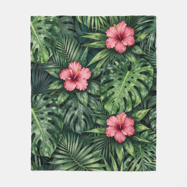 Tropisches Hibiskus Monstera Dschungel Muster Fleecedecke (Vorderseite)