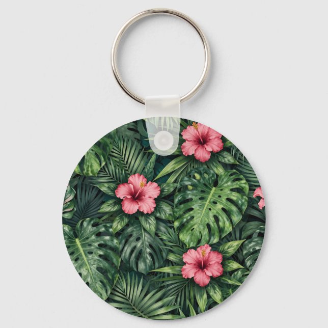 Tropisches Hibiskus-Monstera-Dschungelmuster Schlüsselanhänger (Vorderseite)