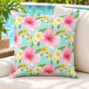 Tropisches Hibiskus-Plumeria-Muster Aqua Kissen