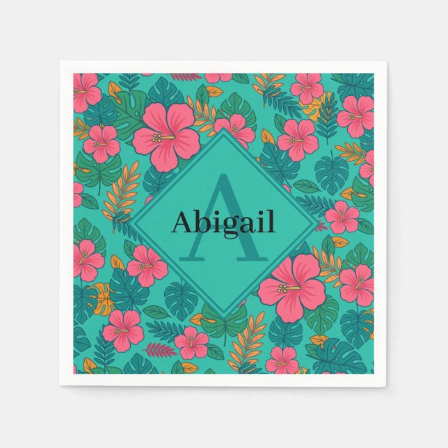 Tropisches Hibiskus- und Palmenblattmuster Serviette (Vorderseite)