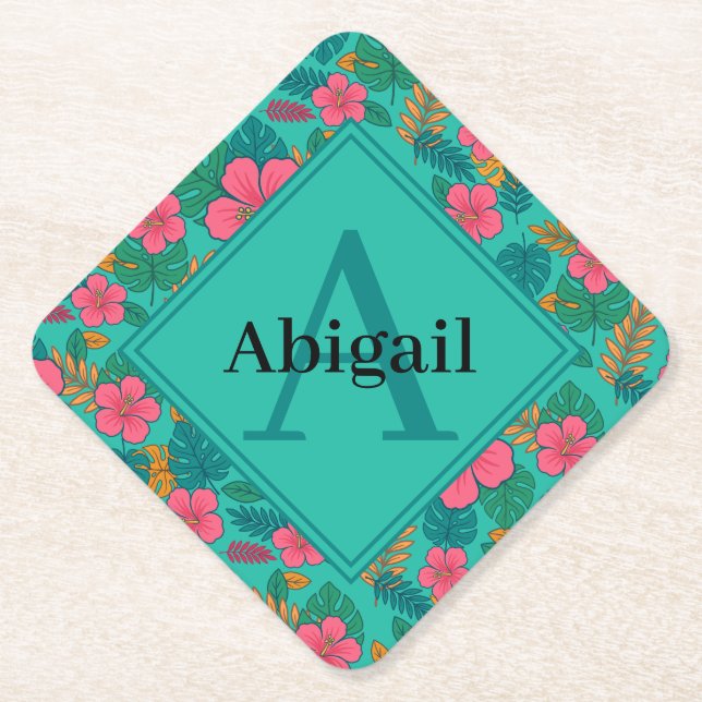 Tropisches Hibiskus- und Palmenblattmuster Untersetzer (Vorderseite)