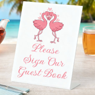 Tropisches Hochzeitsgästebuch mit rosa Flamingos a Sockelschild