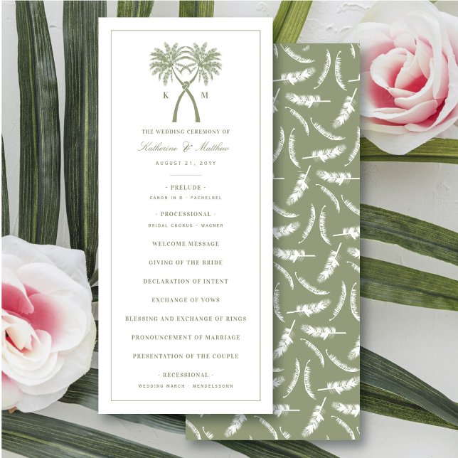 Tropisches Hochzeitsprogramm für Palmen mit grüner Einladung (Green Knotted Palm Trees Tropical Wedding Program @ fatfatin_blue_knot)