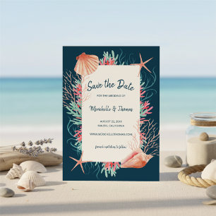 Tropisches Korallenriff   Navy Blue Beach Seashell Save The Date