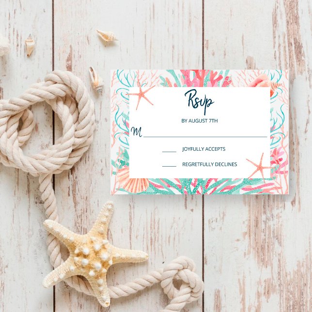 Tropisches Korallenriff | Seashells Wedding RSVP Karte (Von Creator hochgeladen)