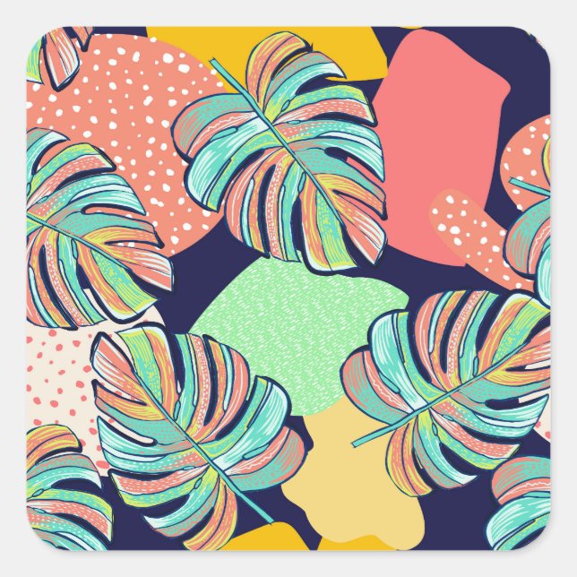 Tropisches Kunstwerk: farbenfrohe Monstera-Gestalt Quadratischer Aufkleber (Vorderseite)