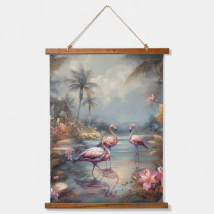 Tropisches Lagune Flamingo Kunstwandbild Wandteppich Mit Holzrahmen