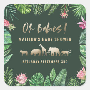 Tropisches Laub + Goldtier-Babyduschen-Party Quadratischer Aufkleber