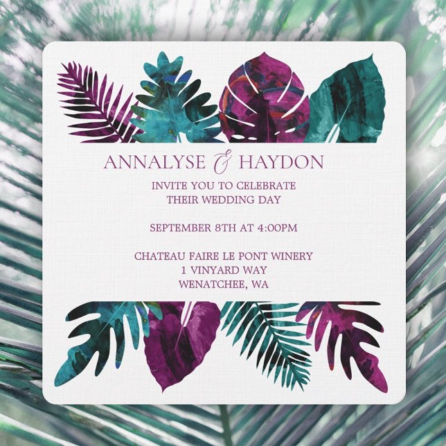 Tropisches Leaf, Aquamarin, Wild-Berry-Pink-Hochze Einladung (tropical teal, wild berry pink island leaves wedding invitations, monstera, ferns, palm leaves)