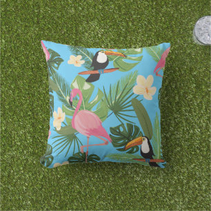 Tropisches Leaf Flamingo Toucan Blauer Sommer Kissen