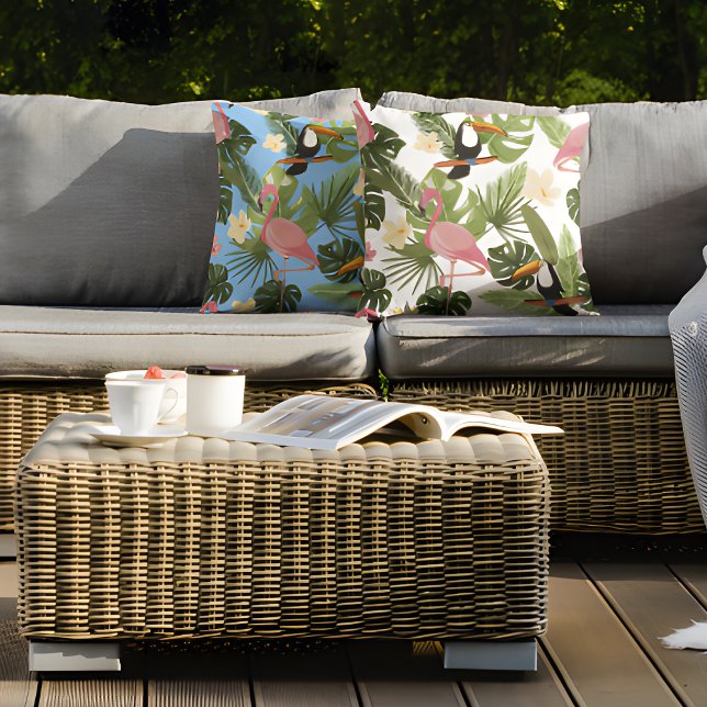 Tropisches Leaf Flamingo Toucan Summer Kissen (Von Creator hochgeladen)