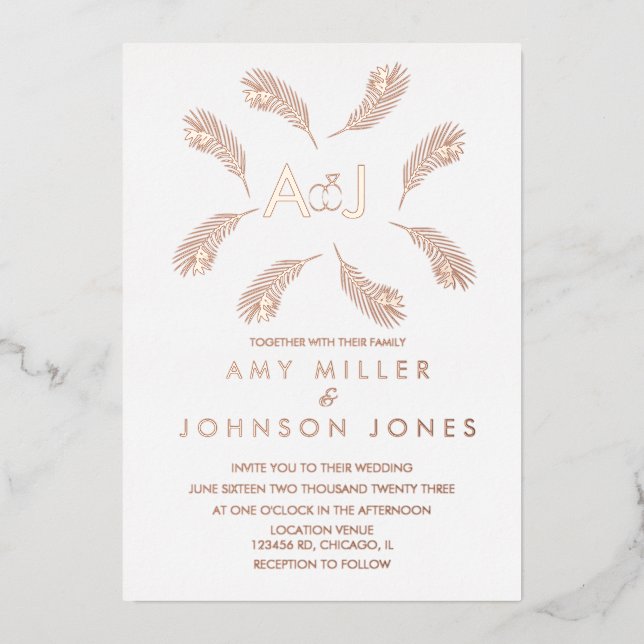 Tropisches Leaf Gold Ring Hochzeit gepresst Folieneinladung (Vorderseite)