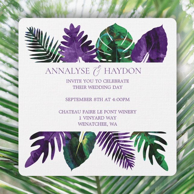 Tropisches Leaf grün, Lila Blätter pflücken Hochze Einladung (tropical plum purple & green leaves wedding invitations, monstera leaves, ferns, palm leaves)