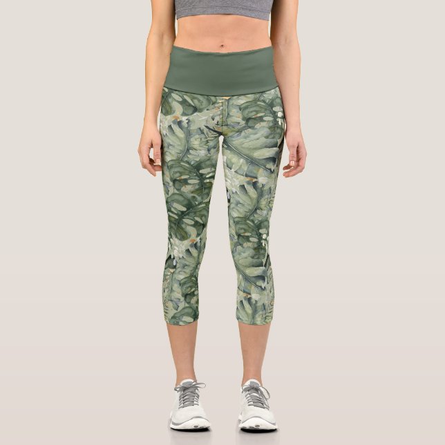 Tropisches Leaf Muster Capri Leggings (Vorderseite)
