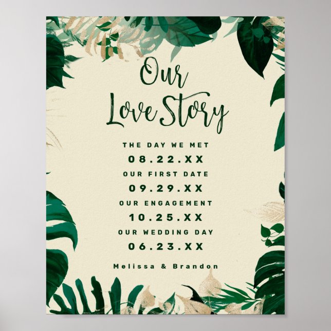 Tropisches Leaf unsere Liebe Story Timeline Hochze Poster (Vorne)