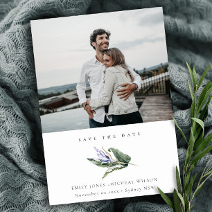 Tropisches Leafy Blue Floral Foto Save the Date Einladung