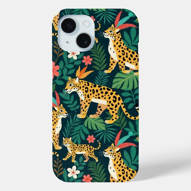 Tropisches Leopard Dschungel Muster iPhone Hülle iPhone 15 Hülle (Take a walk on the wild side with every call.)