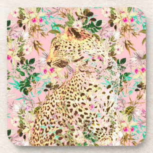 Tropisches Leopardenprint-Floral-Hawaiian-Muster Getränkeuntersetzer