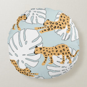 Tropisches Leopardentier und Monstera-Palmen-Blät Rundes Kissen