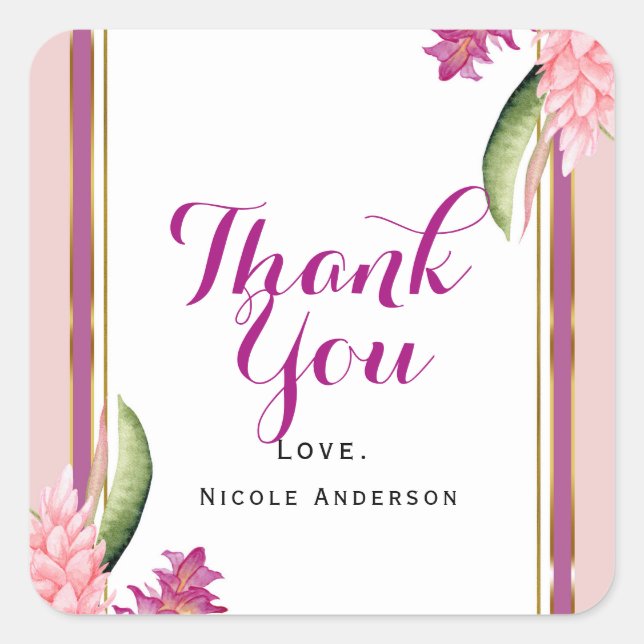 Tropisches Lila rosafarbenes Gastgeschenk Quadratischer Aufkleber (Vorderseite)
