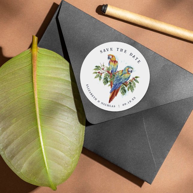 Tropisches Macaw Save the Date Hochzeit Runder Aufkleber (Von Creator hochgeladen)