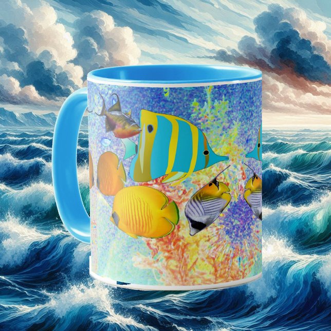 Tropisches Meer farbenfrohe Fischkorallenriff Blau Tasse (Tropical Sea Colorful Fish Coral Reef Blue Ocean Mug)