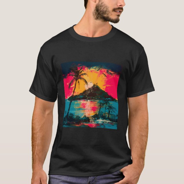Tropisches Meer Landschaft Palmen Bäume Sonne Stil T-Shirt (Vorderseite)