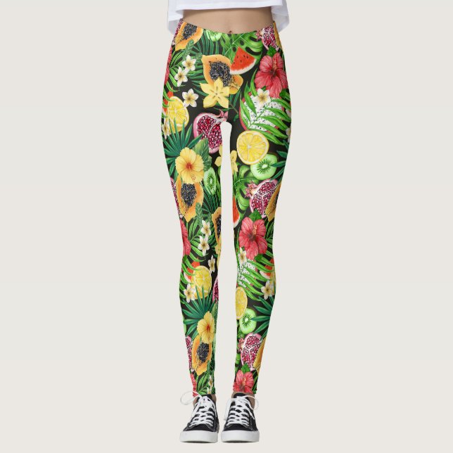 Tropisches Mischobst, Blume und Blätter auf schwar Leggings (Vorderseite)
