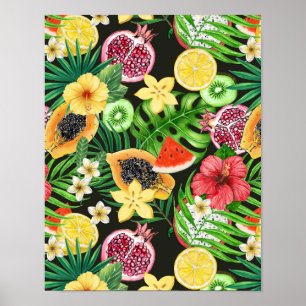 Tropisches Mischobst, Blume und Blätter auf schwar Poster