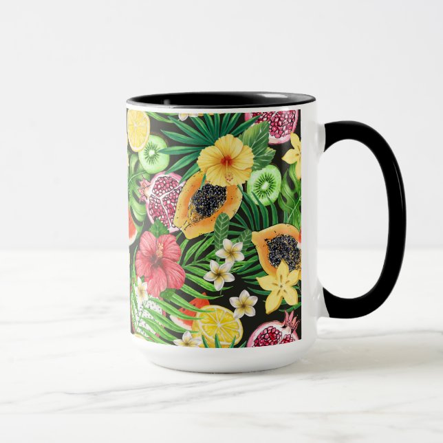 Tropisches Mischobst, Blume und Blätter auf schwar Tasse (Rechts)