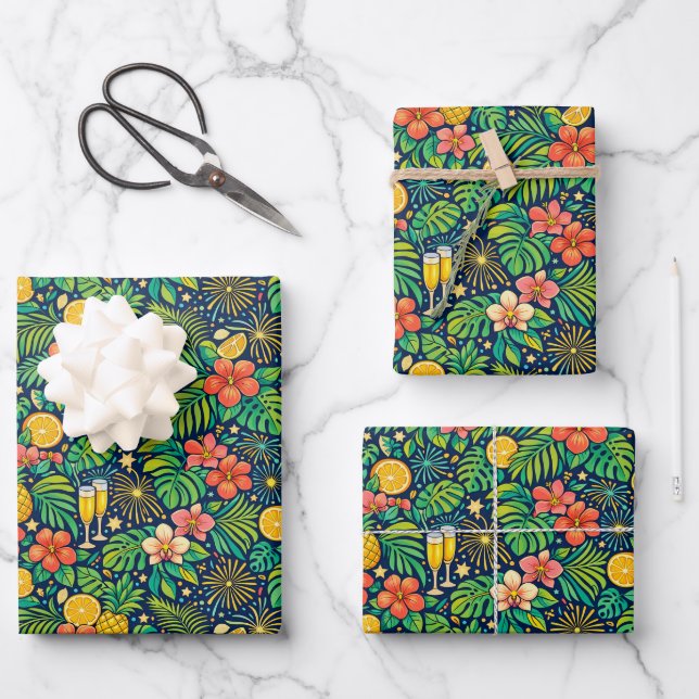Tropisches Mitternachts-Toast-Feiermuster Geschenkpapier Set (Vorderseite)