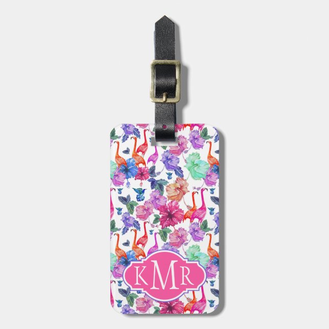 Tropisches Monogramm des Aquarell-Muster-| Gepäckanhänger (Vorderseite vertikal)