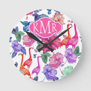 Tropisches Monogramm des Aquarell-Muster- Runde Wanduhr