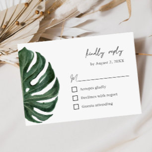 Tropisches Monstera-Blatt Minimale Hochzeit  RSVP Karte