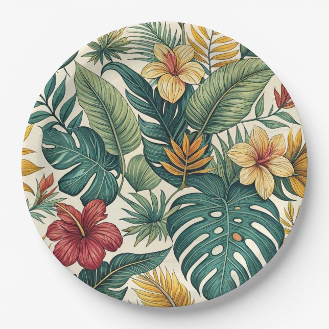 Tropisches Monstera-Blatt mit Hibiskus  Pappteller (Vorderseite)
