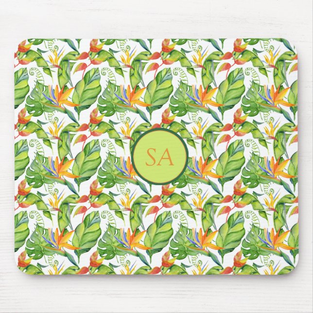 Tropisches Monstera Blätter Mit Monogramm Mousepad (Vorne)