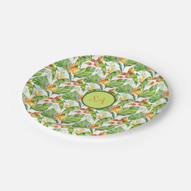 Tropisches Monstera Blätter Mit Monogramm Pappteller (Schrägansicht)