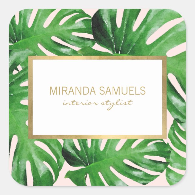 Tropisches Monstera Blätter Muster Rosa Quadratischer Aufkleber (Vorderseite)