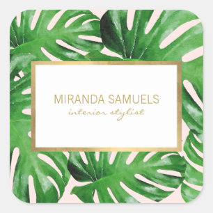 Tropisches Monstera Blätter Muster Rosa Quadratischer Aufkleber