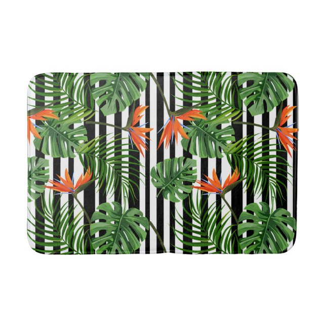 Tropisches Monstera-Gestreiftes Botanisches Muster Badematte (Vorderseite)