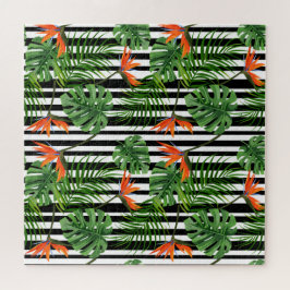 Tropisches Monstera-Gestreiftes Botanisches Muster Puzzle