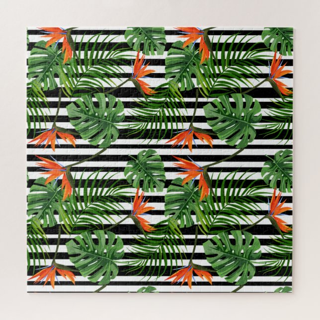 Tropisches Monstera-Gestreiftes Botanisches Muster Puzzle (Horizontal)