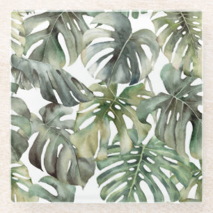 Tropisches Monstera großes Wasserfarbmuster Glasuntersetzer