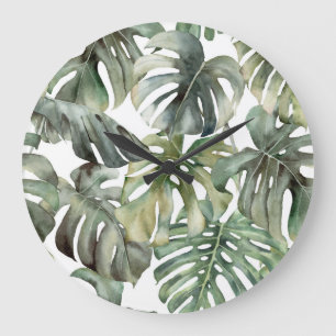 Tropisches Monstera großes Wasserfarbmuster Große Wanduhr
