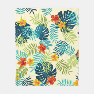 Tropisches Monstera Hibiskus Sommer Muster Fleecedecke