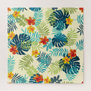 Tropisches Monstera Hibiskus Sommer Muster Puzzle