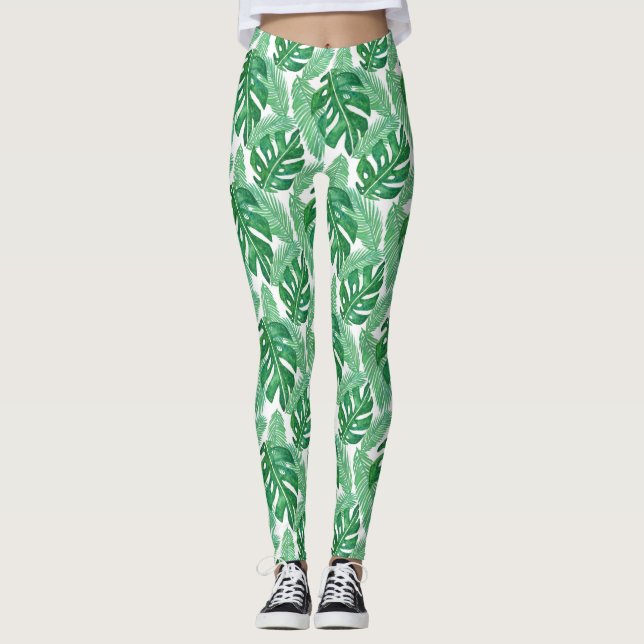 Tropisches Monstera-Leaf-Muster grün und weiß Leggings (Vorderseite)