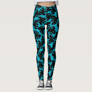 Tropisches Monstera-Muster in Schwarz und Aqua Bla Leggings