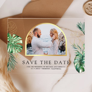 Tropisches Monstera-Palmen-Foto Hochzeit Save the Acryleinladungen