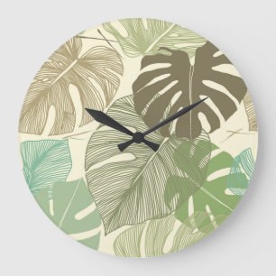 Tropisches Monstera Retro Handgezeichnetes Muster Große Wanduhr